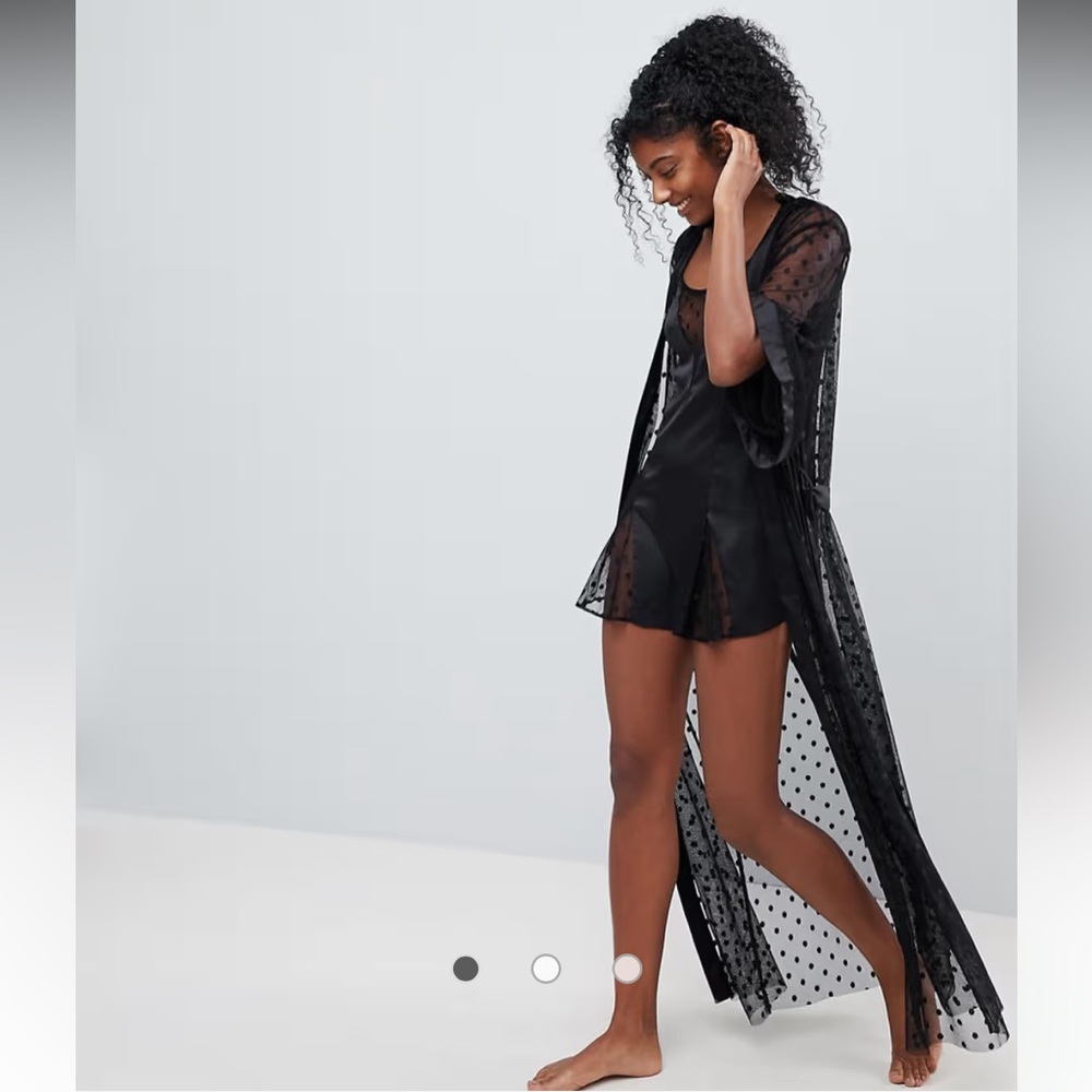 For Love and Lemons Elegant Black Sheer Robe Maxi Cover-Up Cardigan Polka Dots